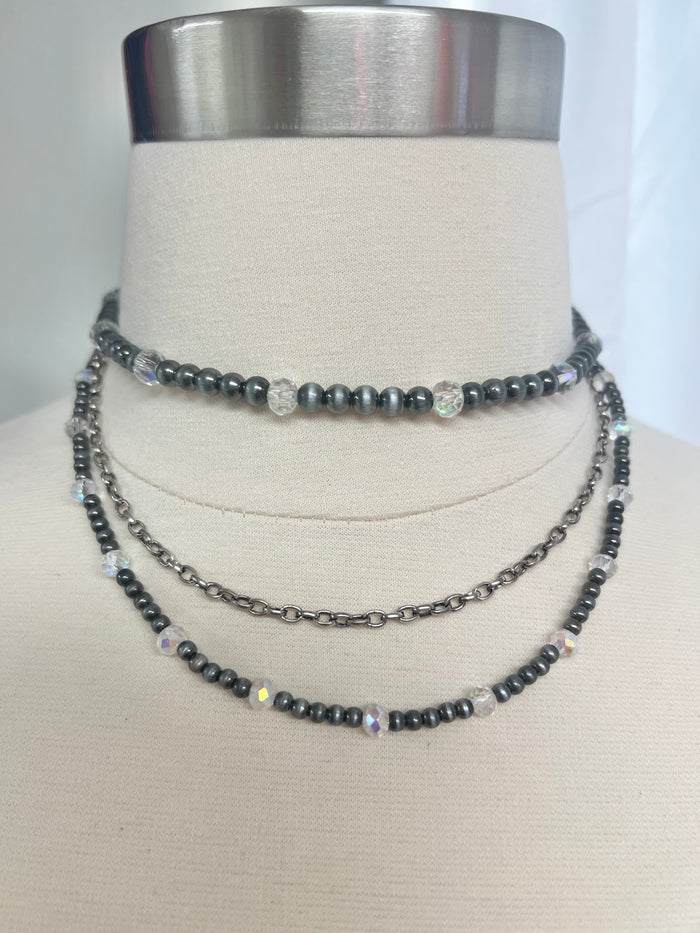 Faux Navajo Pearl & Crystal Bead Triple Necklace
